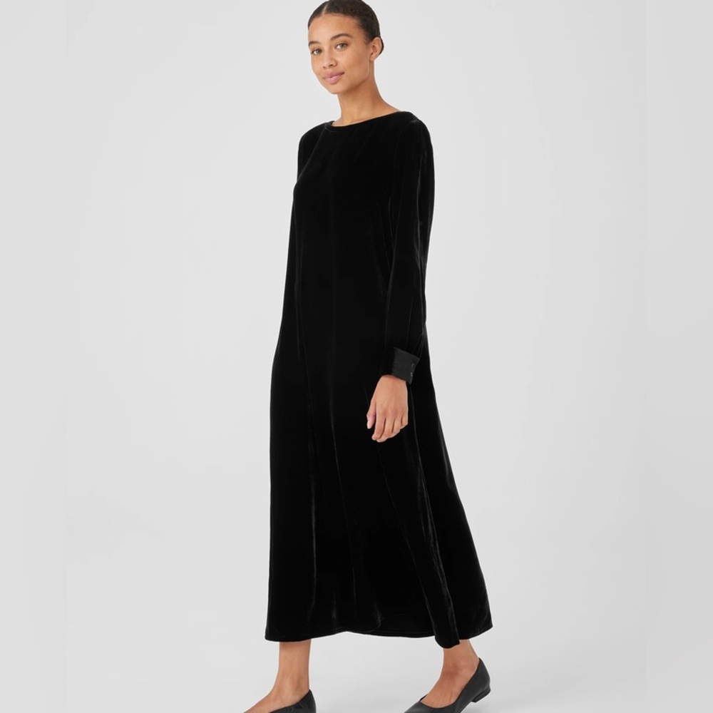 Eileen Fisher Velvet Silk Bateau Brown Neck Dress Maxi Long Winter Large